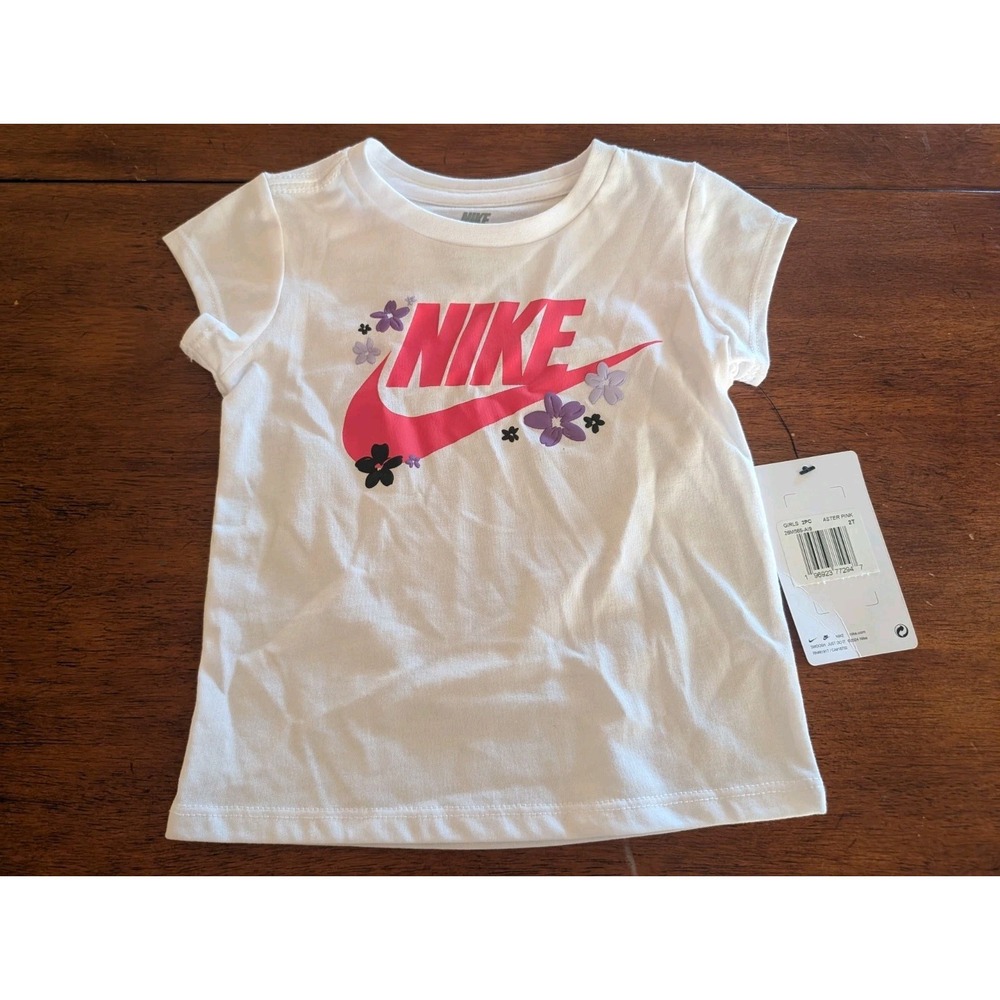 Nike Logo Toddlers Girls Floral Tee T-Shirt White Aster Pink 2T 26M565-AI9 NWT